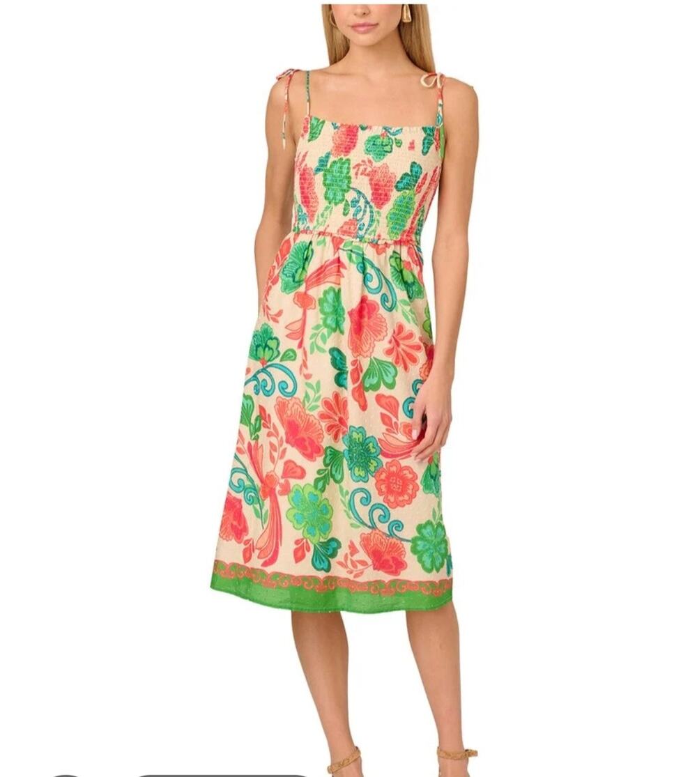 Adrianna Papell NWT Size 10 Floral Smocked Midi Dress Tie Strap $149 0037